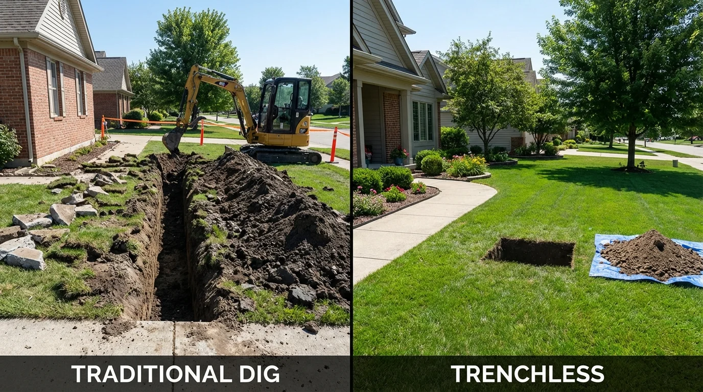 Trenchless sewer repair with minimal yard damage versus traditional excavation in Louisville, TN