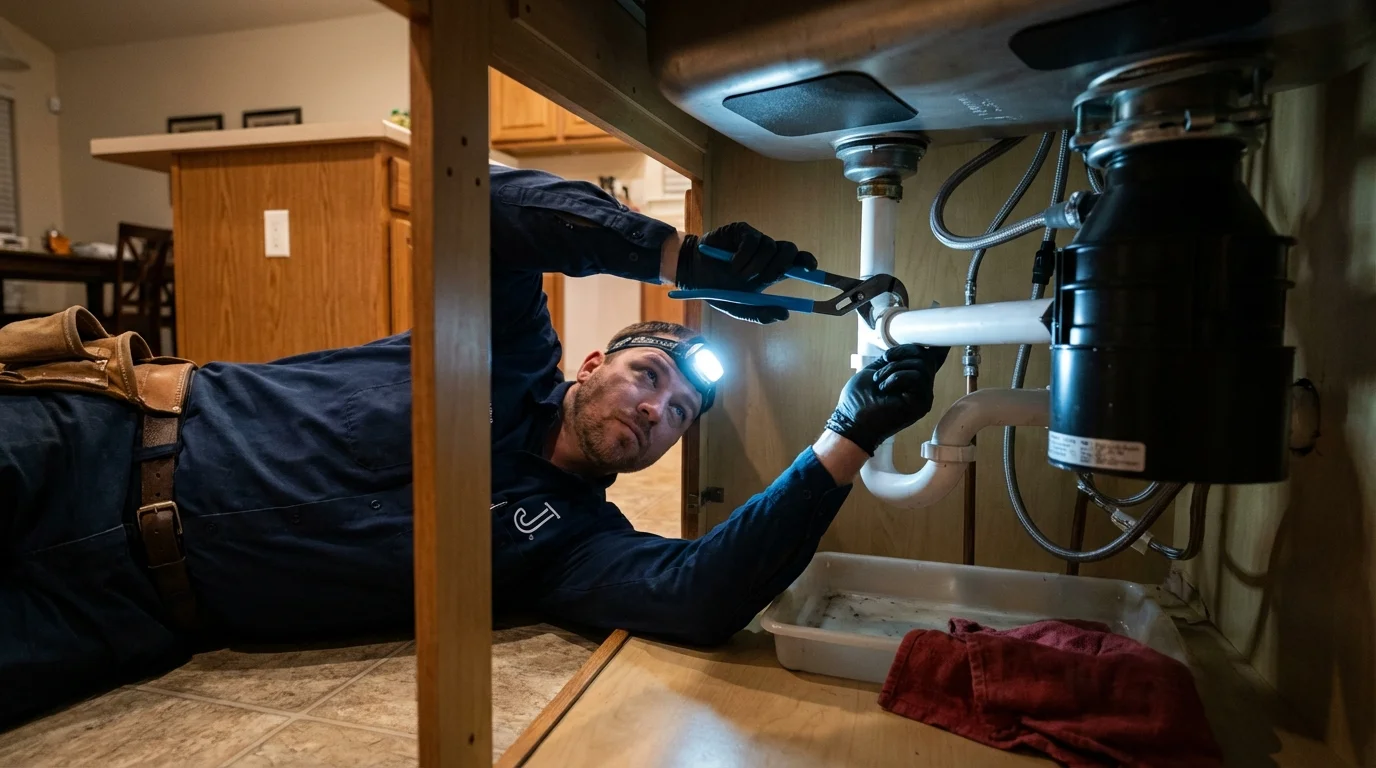 P-trap and supply line connections under a kitchen sink showing a common leak point in Louisville, TN